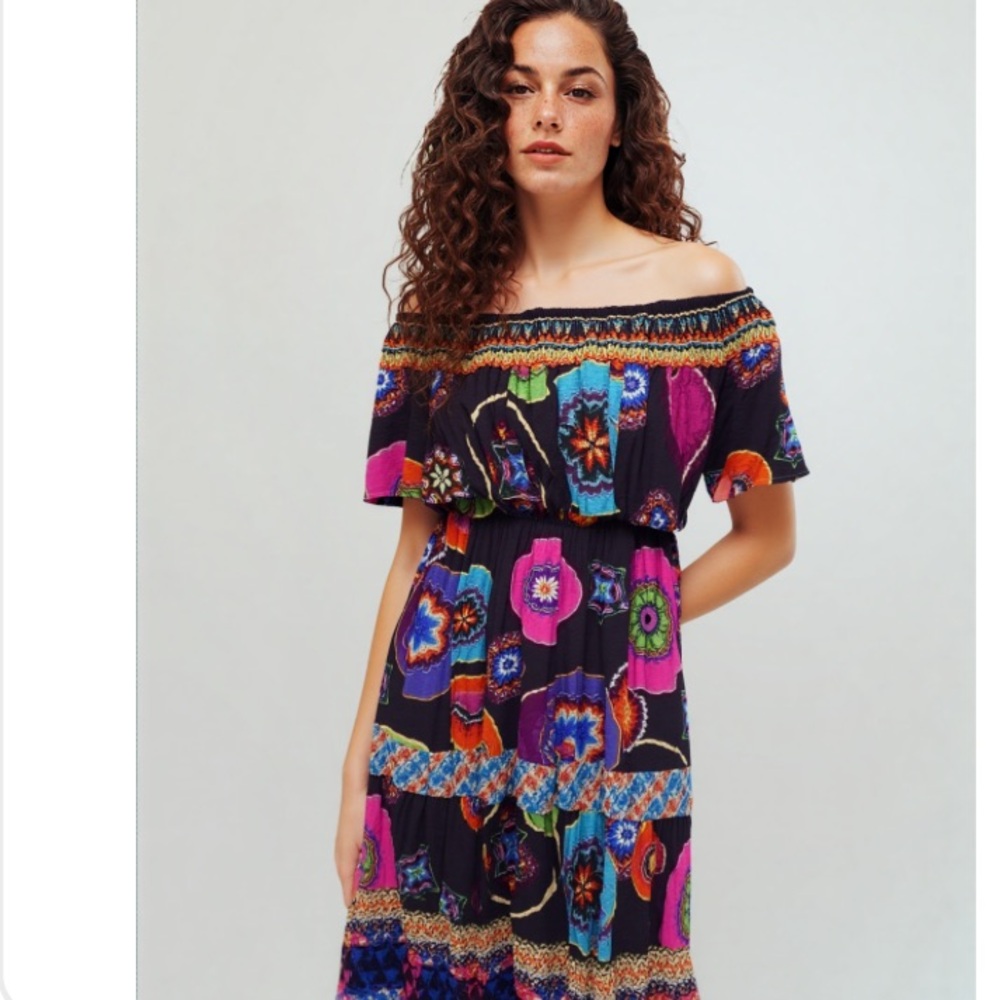 Ruby Yaya Off Shoulder Boho Colorful Midi Dress Size Small